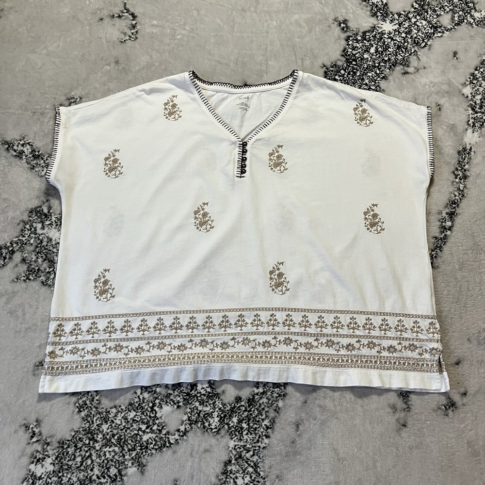 Pure Jill J Jill Shirt Womens Size XL White Buttoned Embroidered V-Neck Tunic